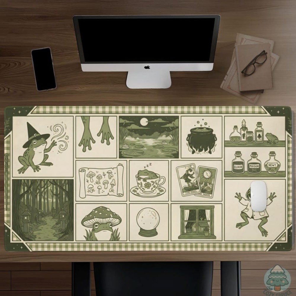 Yellow Desk Setup - Witchy Frog Apothecary デスクマット、セージグリーンの美的マウスパッド Alfombrillas Para