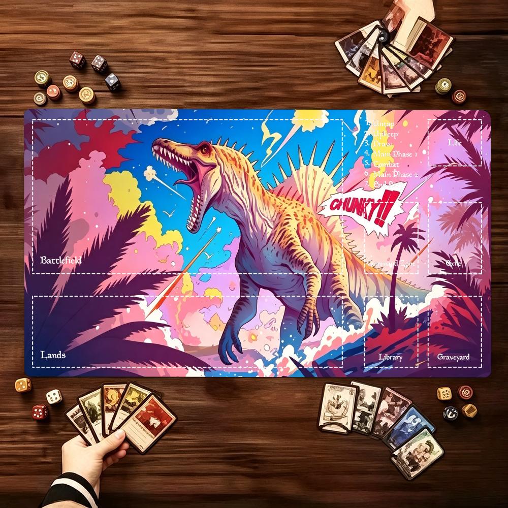 Desk Setup Trading - 鮮やかなジュラ紀の恐竜柄大型拡張ゲームプレイマット、滑り止めゴム縁取り、トレーディングカードゲームやゲーミングデスクのセットアップに最適