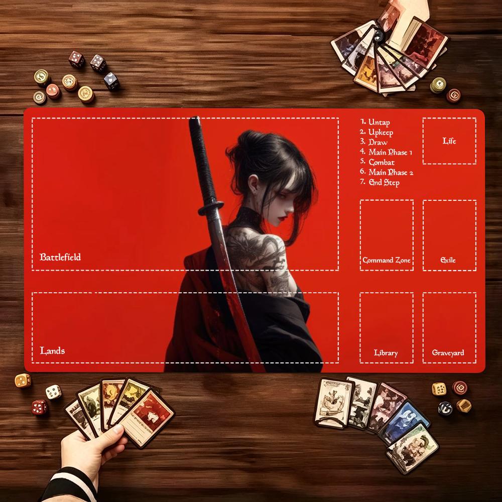 Desk Setup Trading - アニメ侍女戦士柄大型拡張ゲームプレイマット、滑り止めゴム縁付き、トレーディングカードゲーム用ゲーミングデスクセットアップ