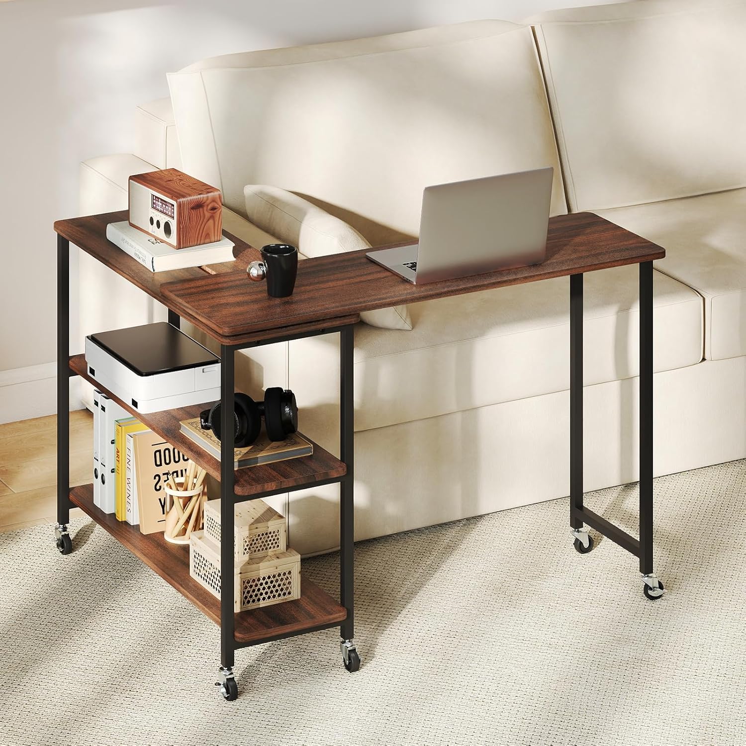 Desk Setup For Laptop - 360 ° 回転式サイドテーブル、2段棚と6つのキャスター付き、ソファ、スナック、ノートパソコン用、ウォールナット、カスタマイズ可能