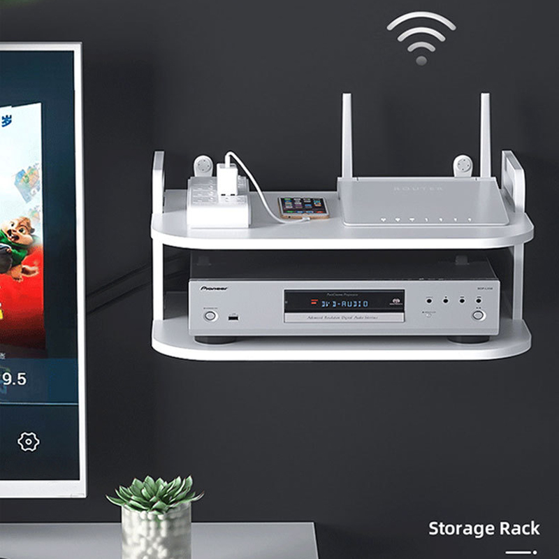 Desk Setup Living Room - 壁掛け式ルーターケーブルオーガナイザーシェルフ、通気性のあるすっきりとした設置、モデム、テレビセットトップボックス、収納ラック、テレビボックス、デスクアクセサリーホルダー