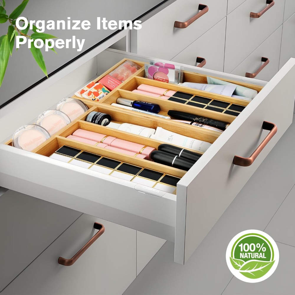 Drawer Organizer Bamboo - 耐久性のある竹製引き出しオーガナイザートレイ、滑り止め、漏れ防止、コンパクトな収納ホルダー、キッチンカトラリー、オフィス用品、寝室、リビングルーム、ユーティリティスペースの整理に最適