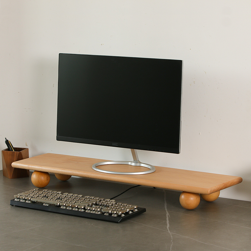 Desk Setup Living Room - 天然木デスクトップライザーデュアルモニタースタンド、収納トレイ付き、省スペースコンピュータデスクオーガナイザー、オフィスセットアップ用