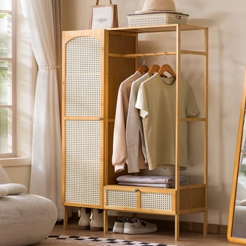 Drawer Organizer Bamboo - ミニマリストデザインの竹製自立型衣類ラック、籐製の扉と引き出し付き、収納棚付きオープンワードローブオーガナイザー