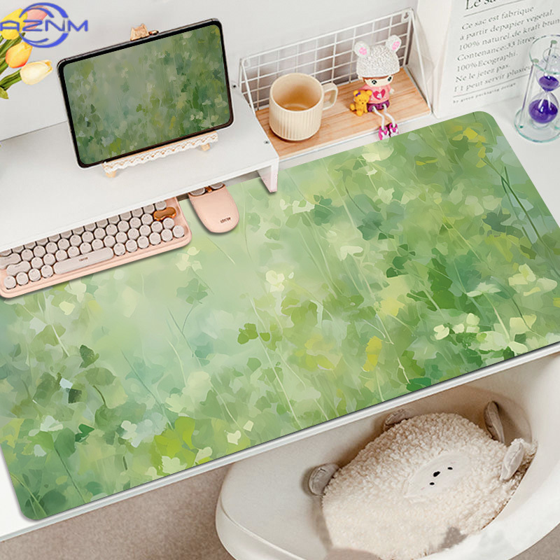 Desk Setup Girl - クリエイティブな水彩画マウスパッド、特大サイズの油絵風グリーン、目に優しい、女の子向けノートパソコンテーブルマット