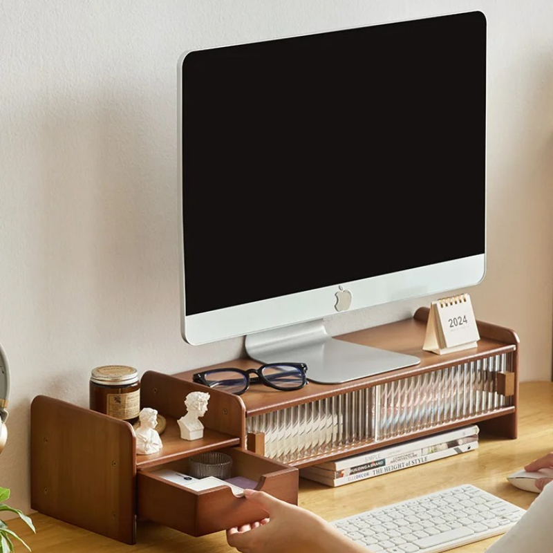 Drawer Organizer Bamboo - ‌ 引き出し付きモニタースタンド - 調節可能なコンピューターデスクライザー、省スペース収納オーガナイザー（オフィス用）、多層デスクトップエレベーター