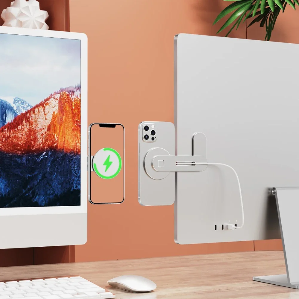 Desk Setup Apple - Magsafe対応 ノートパソコン用マグネット式スマホホルダー iPhone/Macbook用マグネットワイヤレス充電器ブラケット