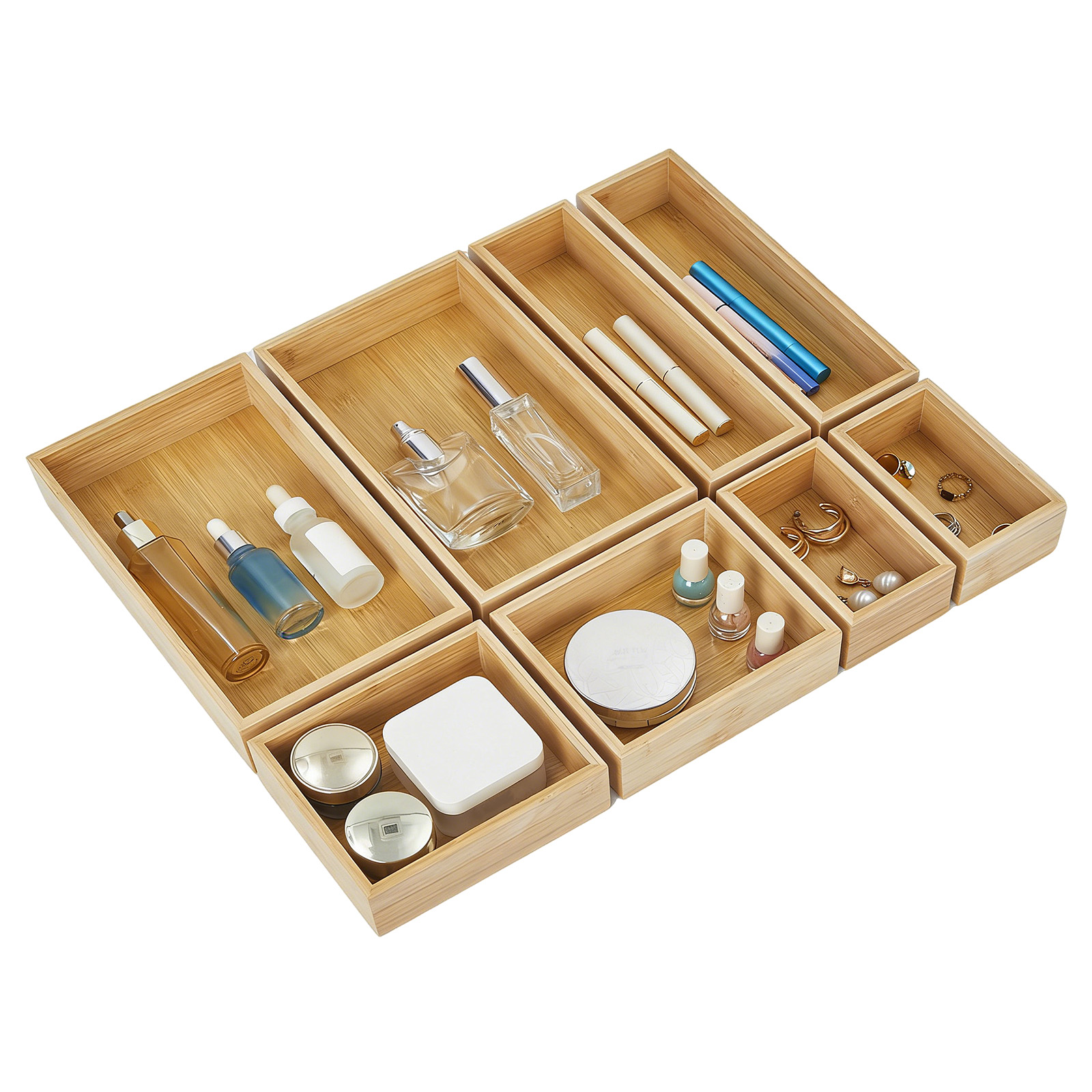 Drawer Organizer Bamboo - 8点セット天然竹製引き出しオーガナイザーセット | 多用途・多サイズ収納ボックス | 化粧台、机、ワードローブ用のカスタマイズ可能な仕切り