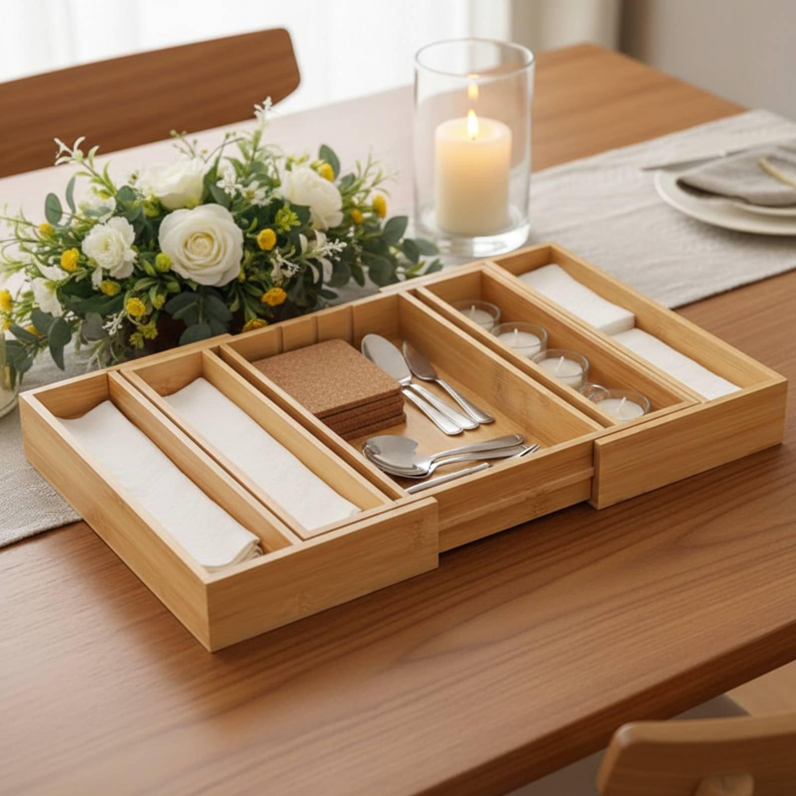 Drawer Organizer Bamboo - 調整可能な竹製食器引き出しオーガナイザー キッチンカトラリーディバイダートレイ パントリーオフィス用品用