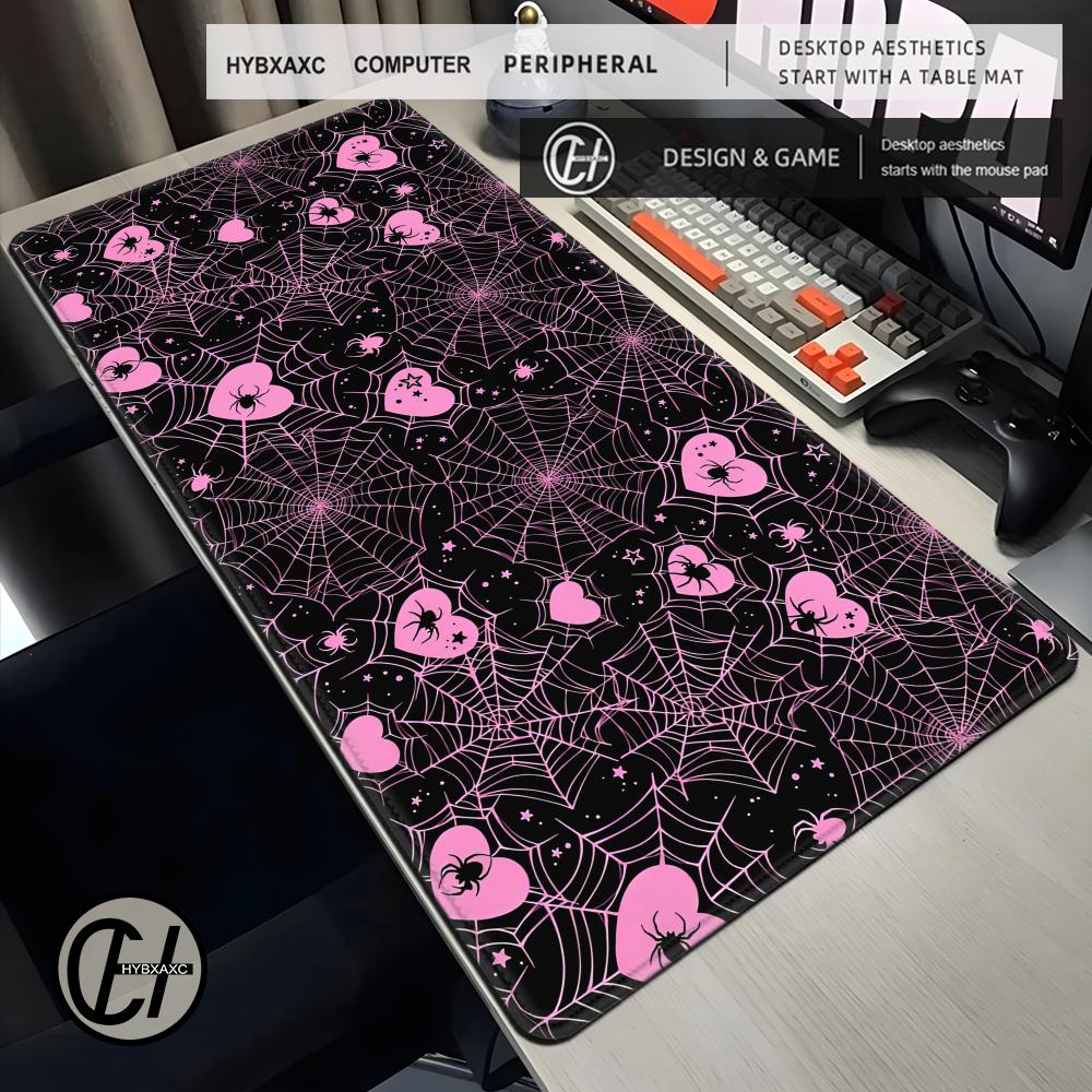 Desk Setup For Laptop - 90x40 ホワイトまたはピンクのスパイダーウェブハートデスクマット パステルカラー かわいい ゴシック エモ