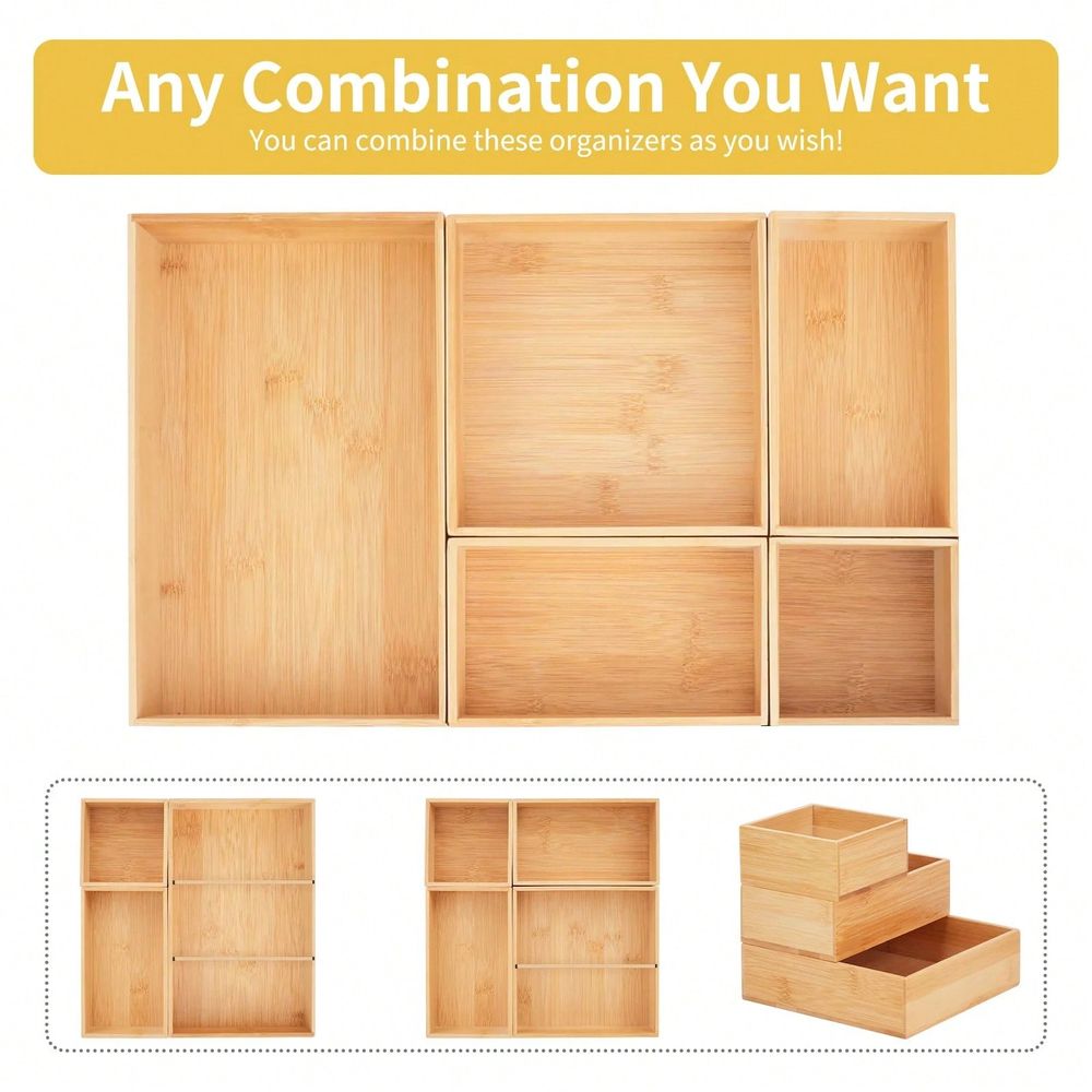 Drawer Organizer Bamboo - 調整可能な竹製引き出しオーガナイザー、木製2段積み重ね可能な収納ボックス（7つのグリッド付き）、多目的キット用オーガナイザートレイ