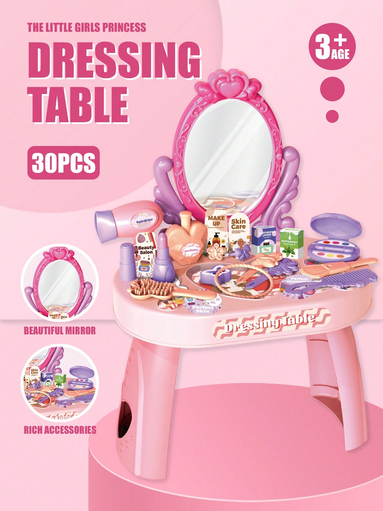 Desk Setup Girl - 子供用プリンセスドレッシングテーブルおもちゃセット、鏡と30個のメイクアップアクセサリー付き、ごっこ遊びヘアドライヤー化粧品キット、女の子へのプレゼント