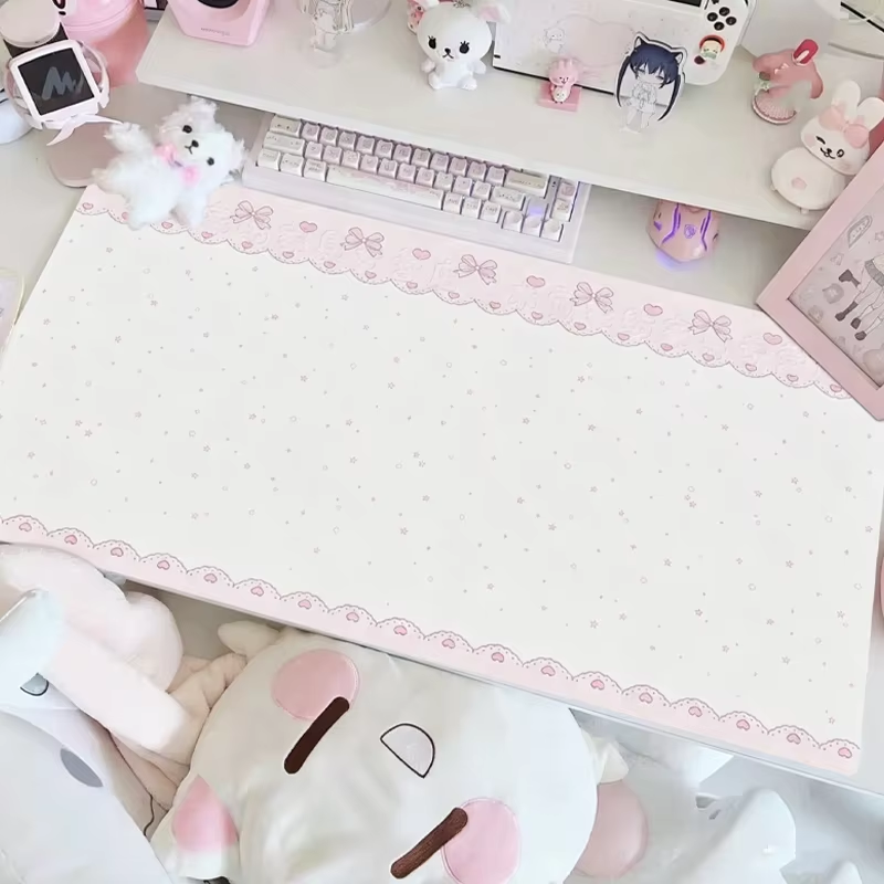 Yellow Desk Setup - PUレザーマウスパッド スイートピンクガール ストロベリーレーススターボウマウスパッド オフィスデスクマット 防水滑り止めPUデスクブロッターパッド