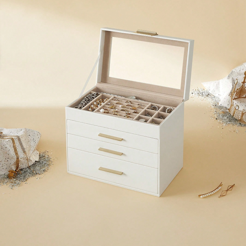 Drawer Organizer Bamboo - アップグレードされた4層ジュエリー収納ボックス、ガラス蓋と3つの引き出し付き、サングラス、ネックレス、指輪、イヤリング用の大容量ベルベット裏地オーガナイザー、モダンなディスプレイケース、女性への完璧なギフト