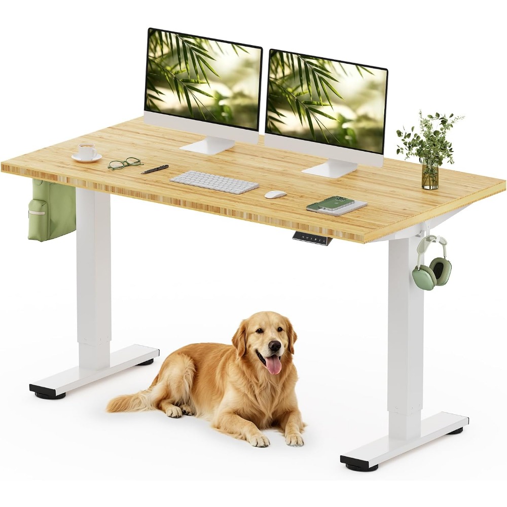 Setup Desk Monitor - FLEXISPOT 55インチ x 28インチ ソリッドバンブースタンディングデスク、ホワイトフレーム |