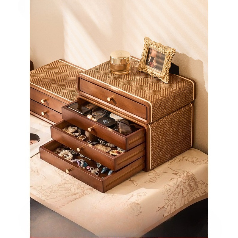 Drawer Organizer Bamboo - ヴィンテージ風引き出しデスクトップオーガナイザーボックス、多層ジュエリー収納棚（化粧台用）、レトロなメイクアップコレクション用収納ケース