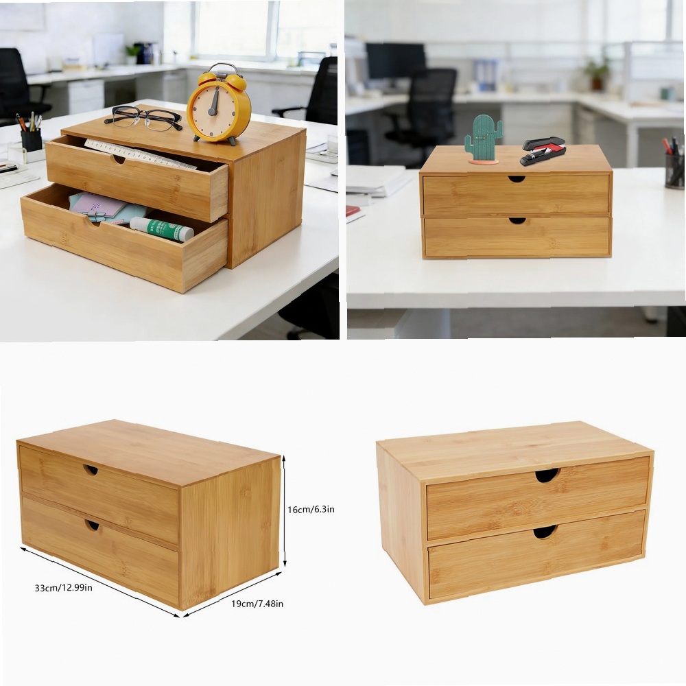 Drawer Organizer Bamboo - デスクオーガナイザー、2段引き出し付きオフィス用品収納ボックス、滑らかな仕上げの天然竹製デスクトップオーガナイザー、ホームオフィスの装飾に最適