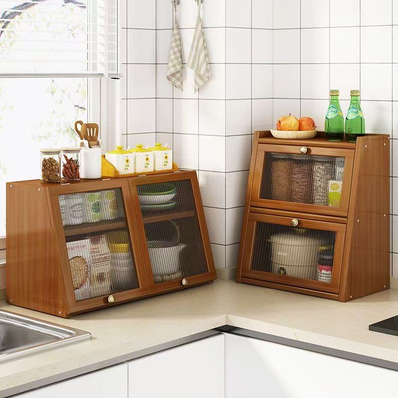 Drawer Organizer Bamboo - 竹製キッチン収納キャビネット アクリル扉付き 食器収納ラック デスクトップ収納引き出しオーガナイザー 食器ディスプレイキャビネット