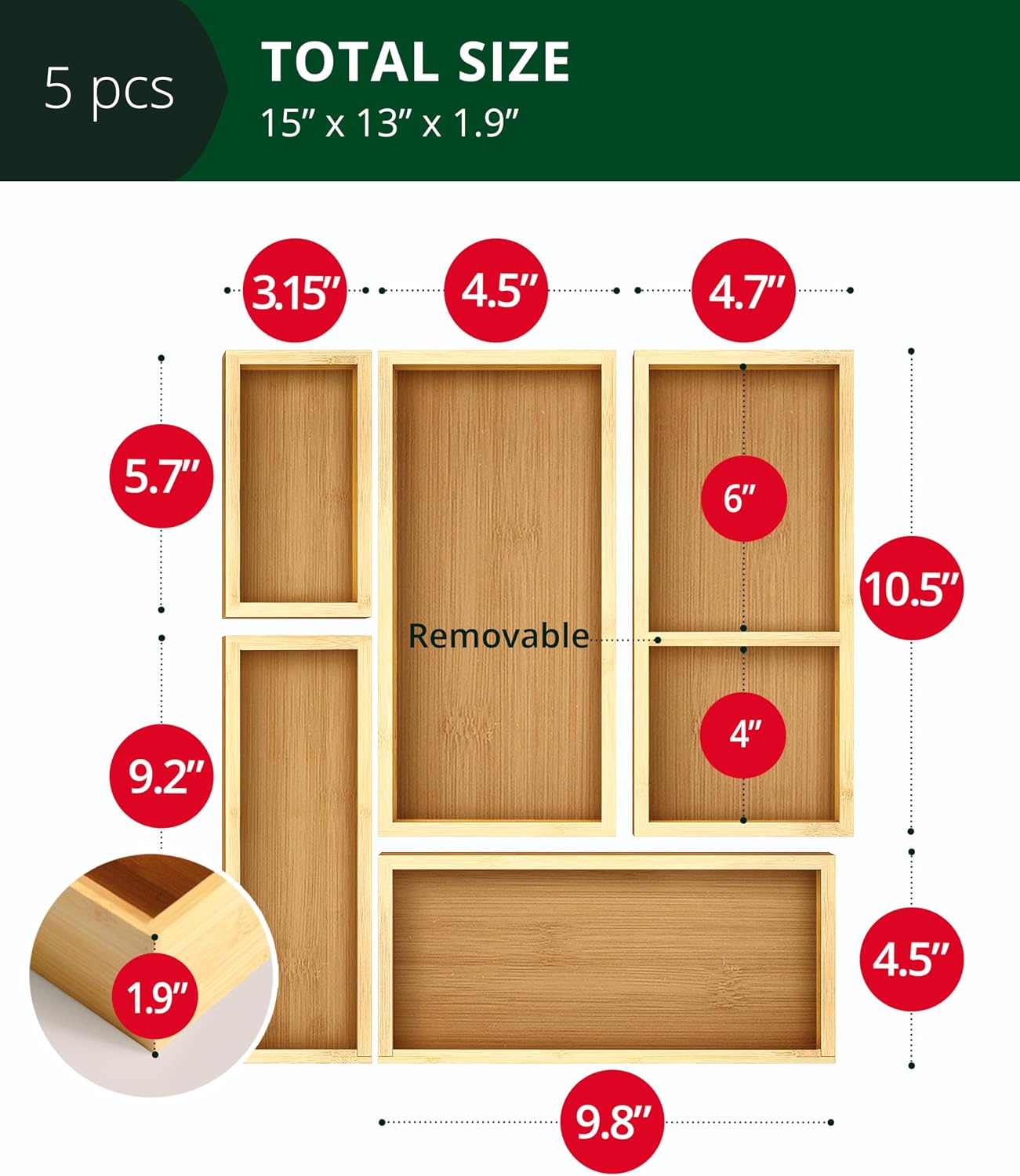 5ピース竹製引き出しオーガナイザーセット – キッチン、バス - Drawer Organizer Bamboo のレビューと価格