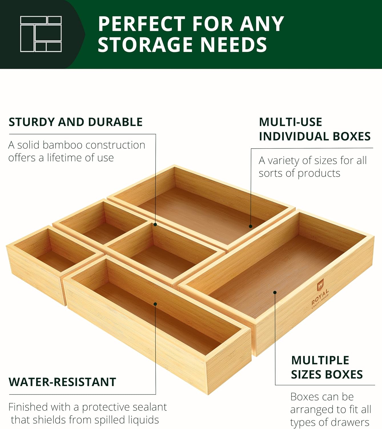 5ピース竹製引き出しオーガナイザーセット – キッチン、バス - Drawer Organizer Bamboo のレビューと価格
