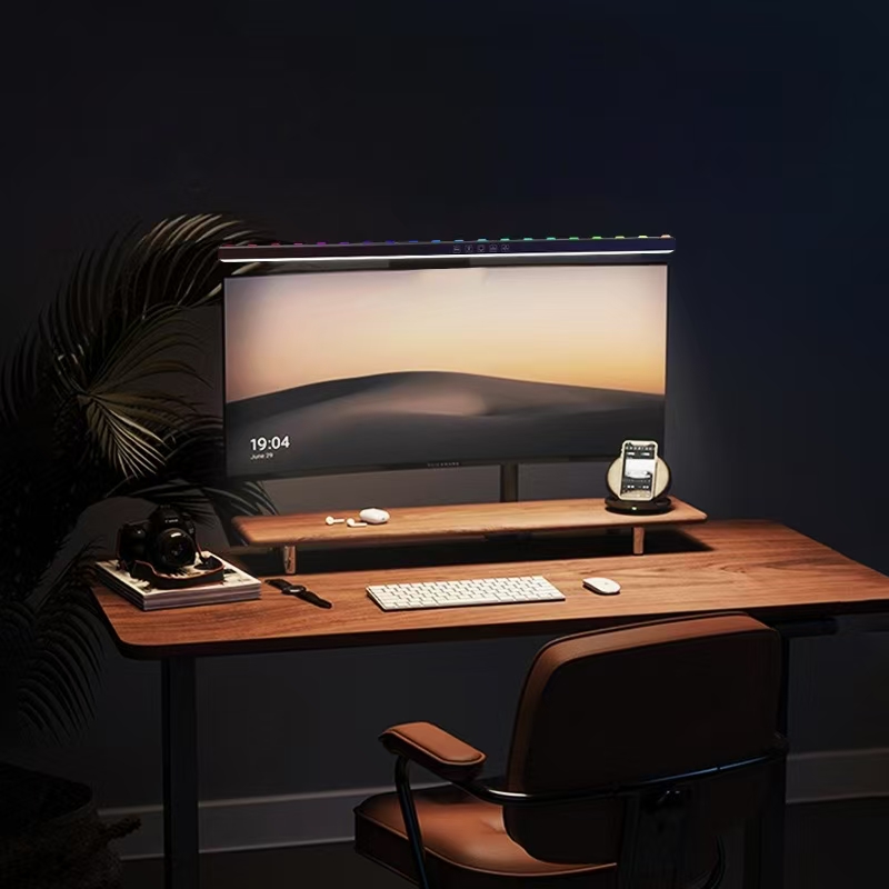 LEDモニターライトハンギングデスクランプ - 無段階調光、 - Yellow Desk Setup のレビューと価格