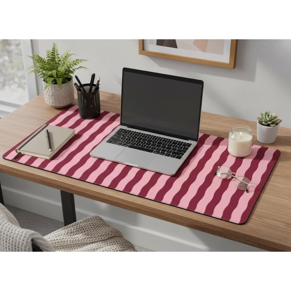 ピンクバーガンディの波状ラインデスクマット、大型滑り止めマウ - Yellow Desk Setup のレビューと価格