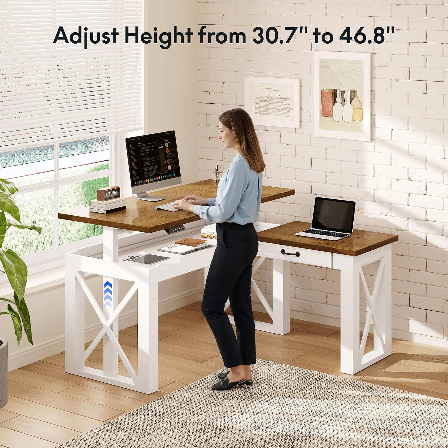 L字型スタンディングデスク（引き出し付き）、55x48インチ - Setup Desk Monitor のレビューと価格