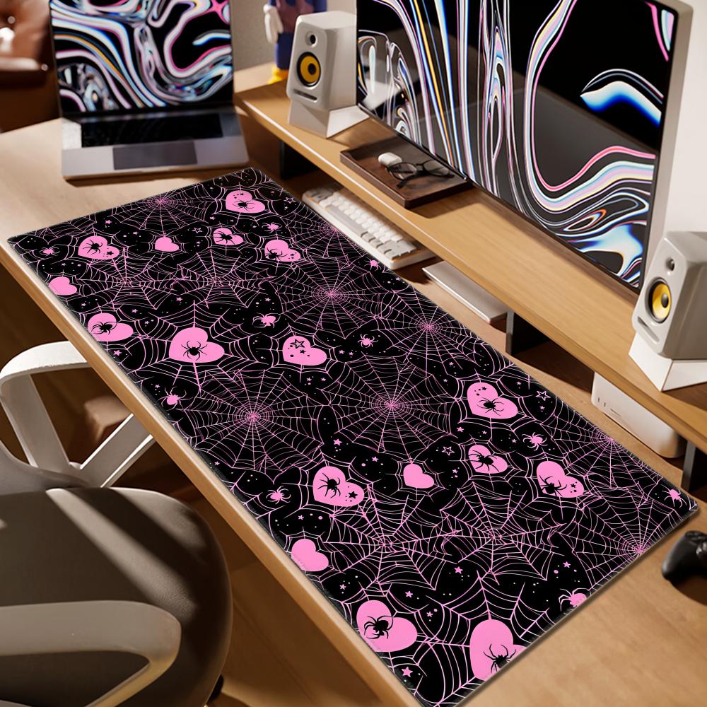 90x40 ホワイトまたはピンクのスパイダーウェブハートデス - Desk Setup For Laptop のレビューと価格