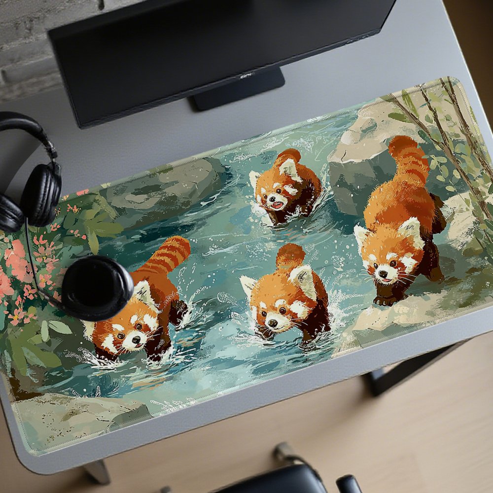 4匹のレッサーパンダが小川で遊ぶXXLデスクパッド、耐久性の - Desk Setup Streaming のレビューと価格