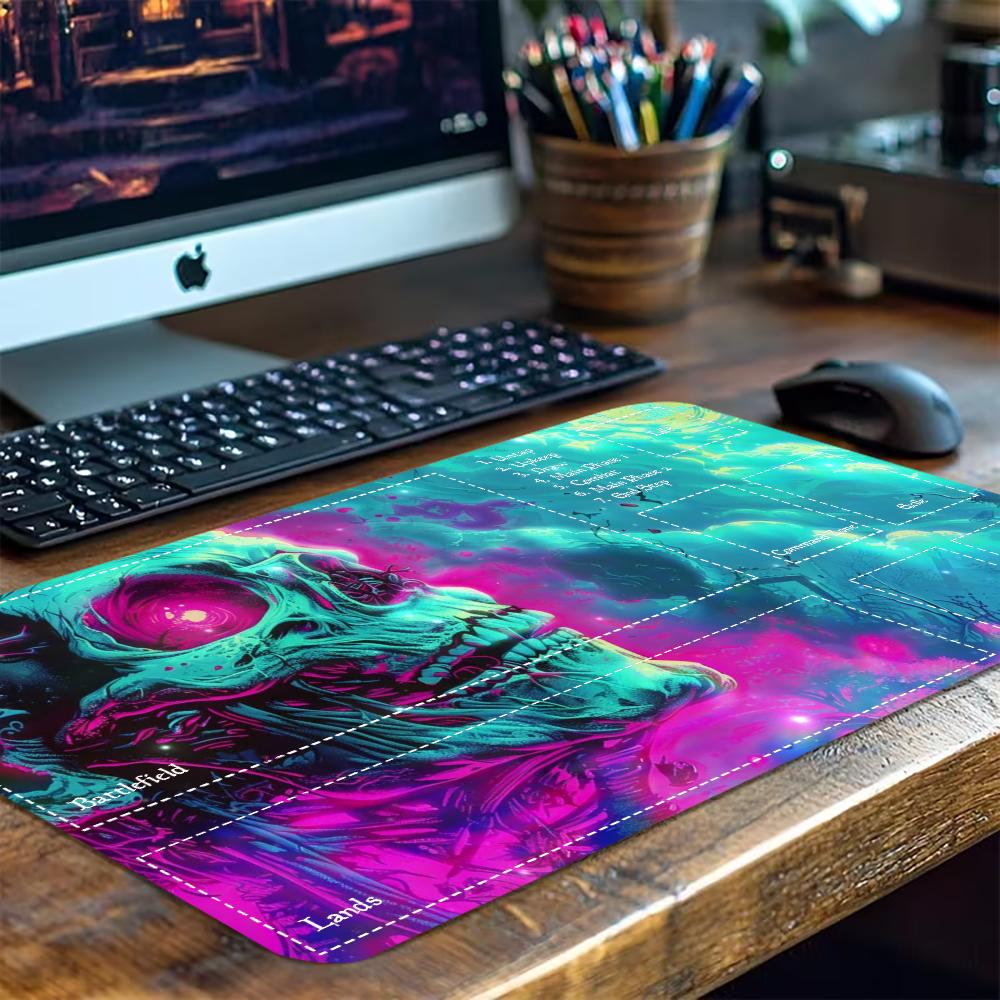カラフルなネオンホラースカル柄大型拡張ゲームプレイマット、滑 - Desk Setup Trading のレビューと価格