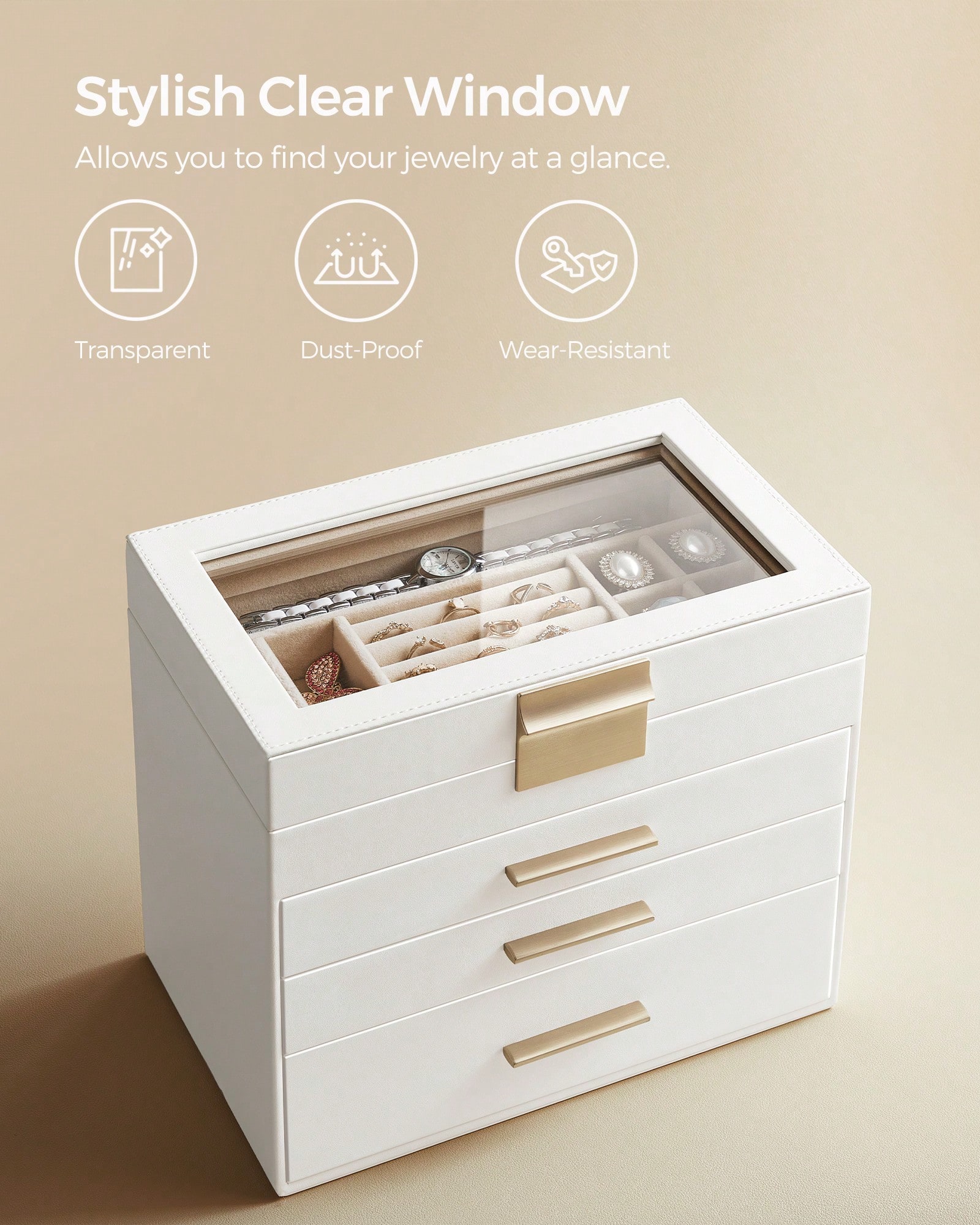 アップグレードされた4層ジュエリー収納ボックス、ガラス蓋と3 - Drawer Organizer Bamboo のレビューと価格