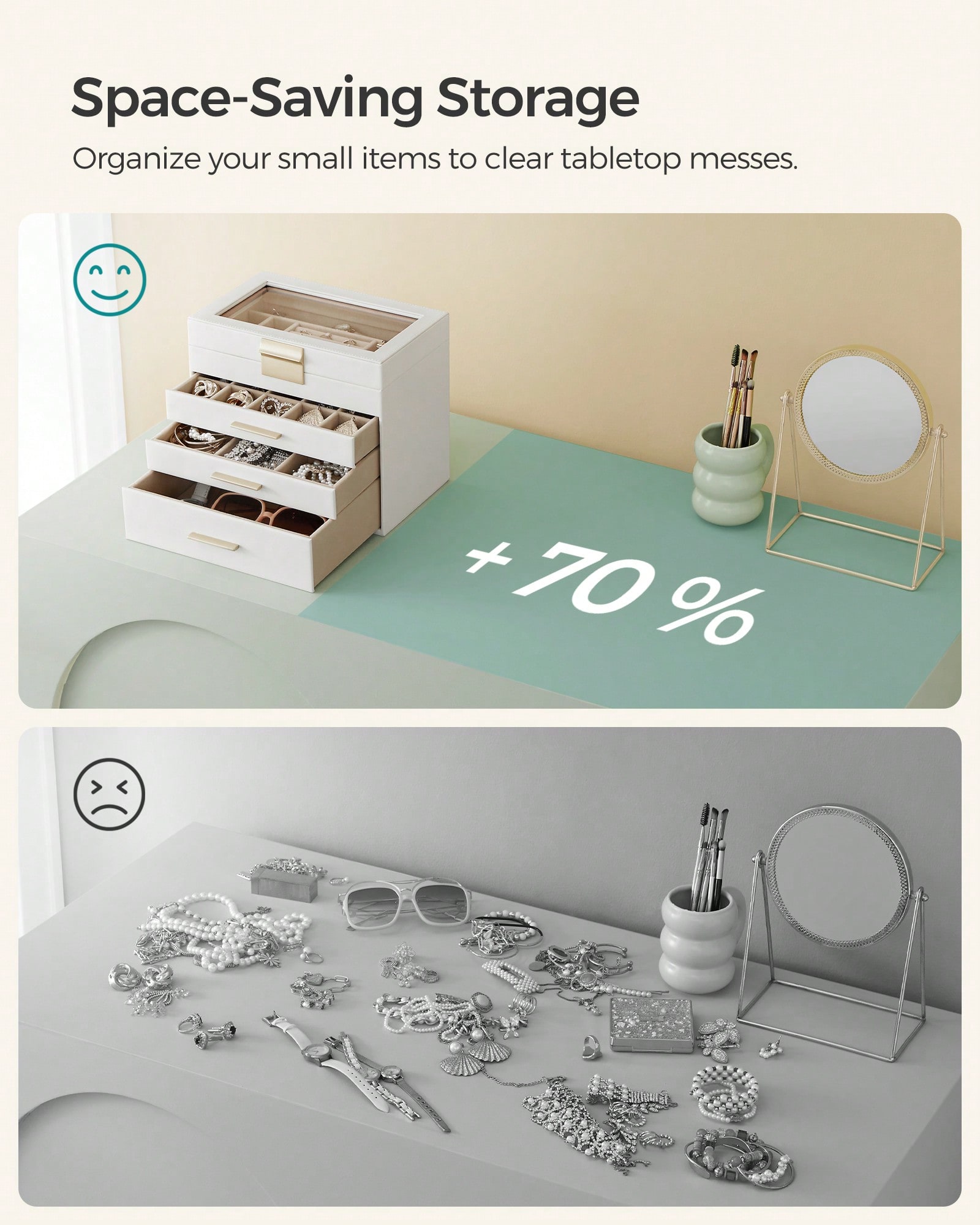 アップグレードされた4層ジュエリー収納ボックス、ガラス蓋と3 - Drawer Organizer Bamboo のレビューと価格
