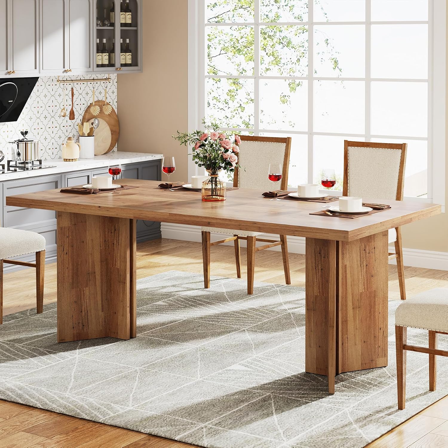 4～6人用の大型長方形木製ダイニングテーブル、頑丈な支持脚付 - Desk Setup Living Room のレビューと価格