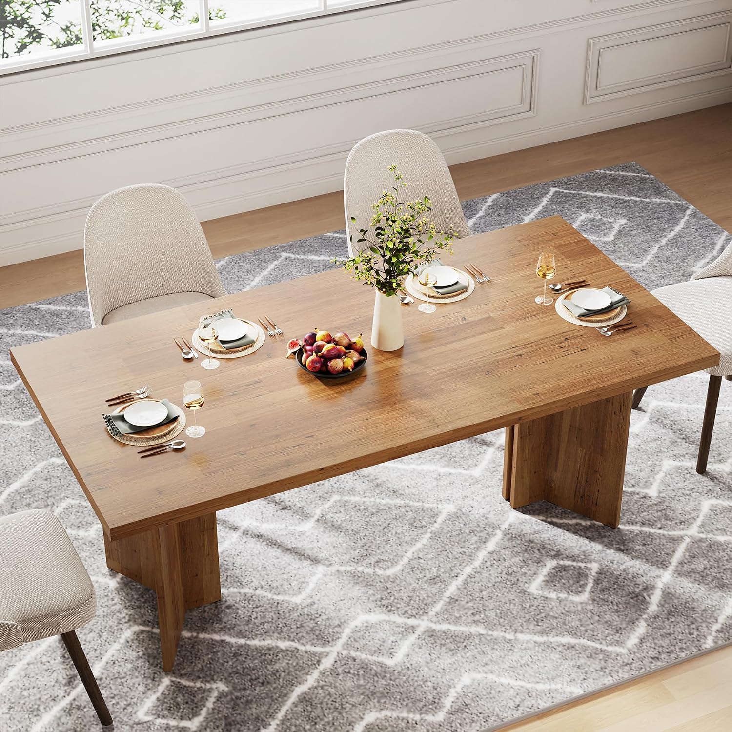 4～6人用の大型長方形木製ダイニングテーブル、頑丈な支持脚付 - Desk Setup Living Room のレビューと価格
